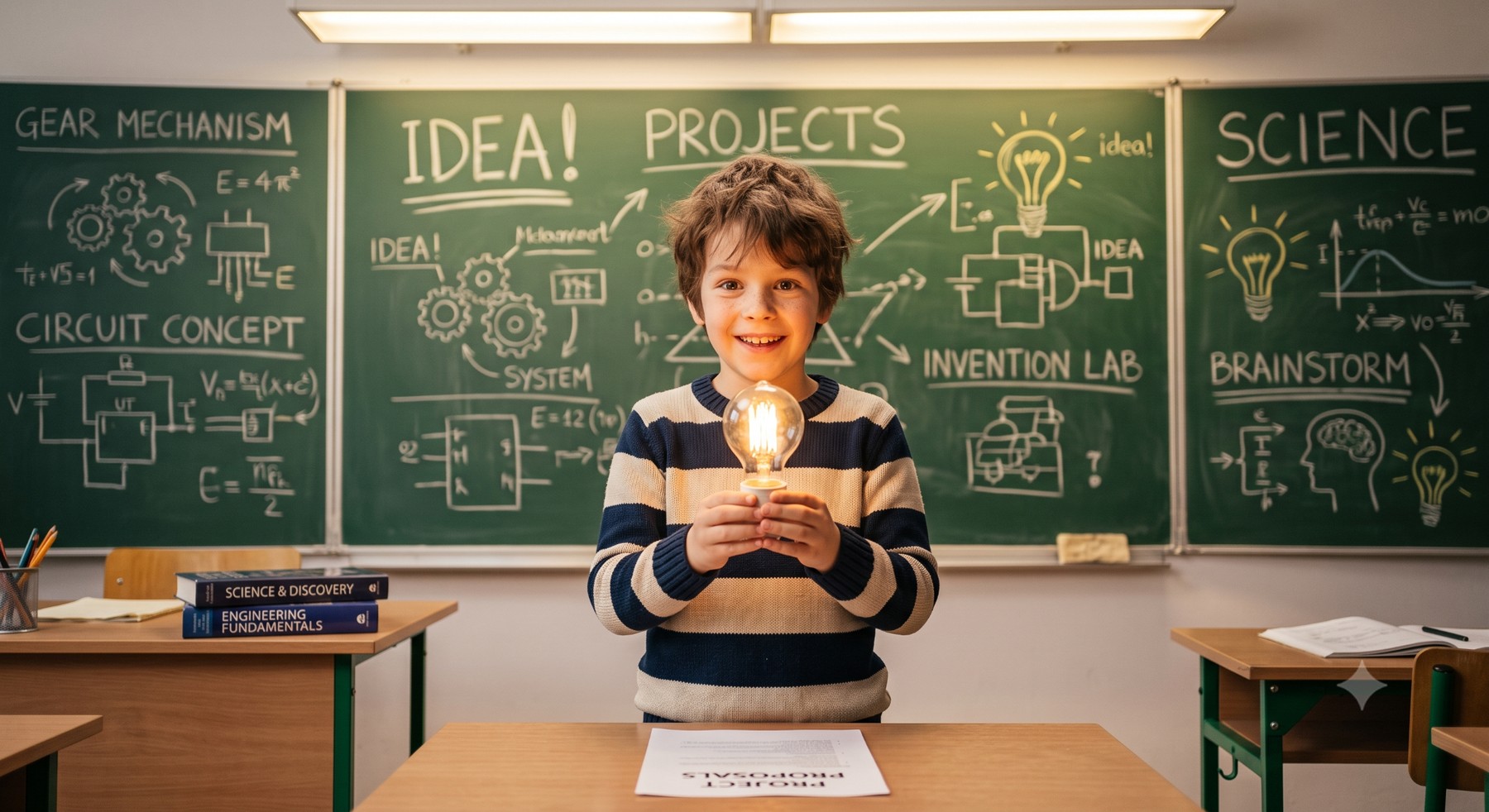 Young innovator smiling in a classroom and holding a light bulb in front of a chalkboard full of invention sketches