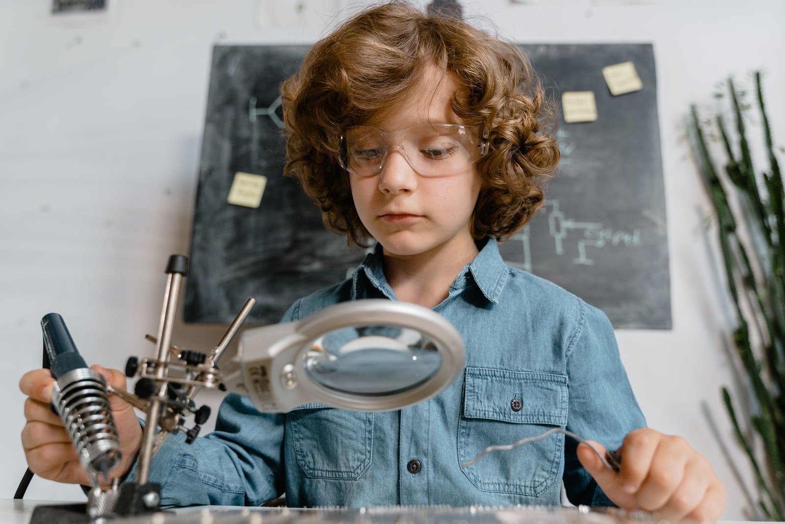 Young inventor using a magnifying glass